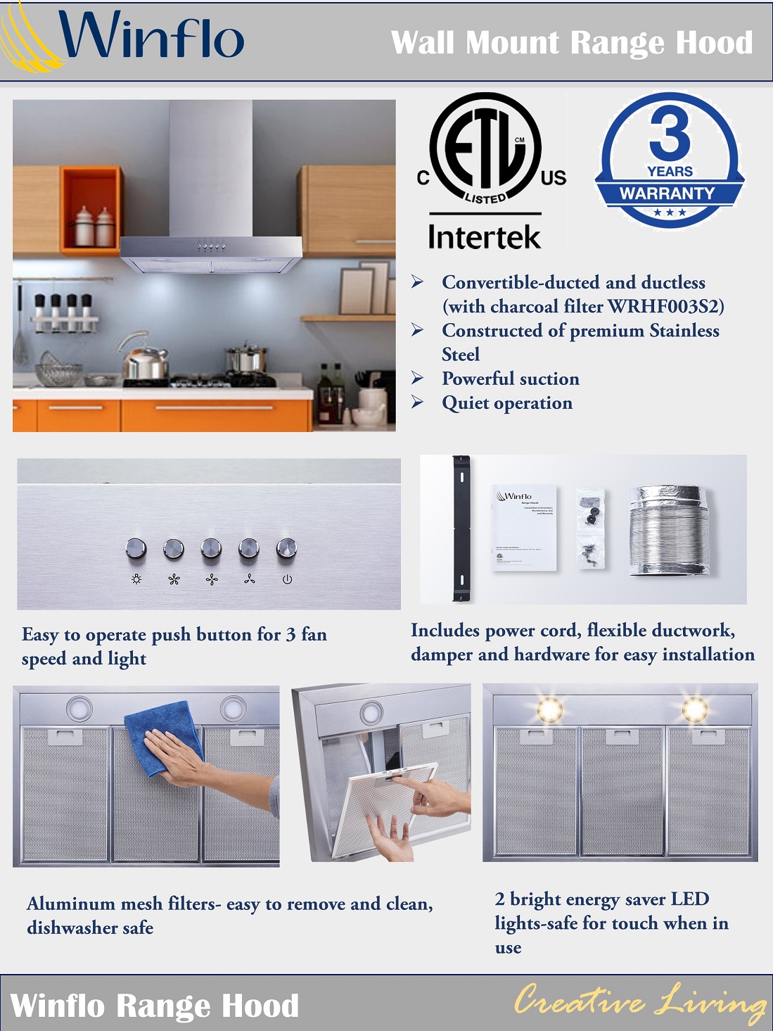 Winflo 30 in. Convertible Wall Mount Range Hood in Stainless Steel with